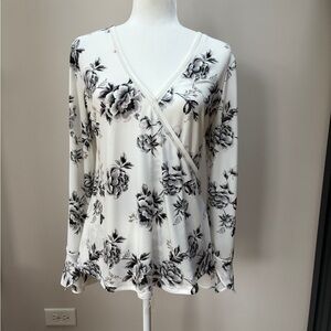White House Black Market Floral Wrap Blouse - Black and White